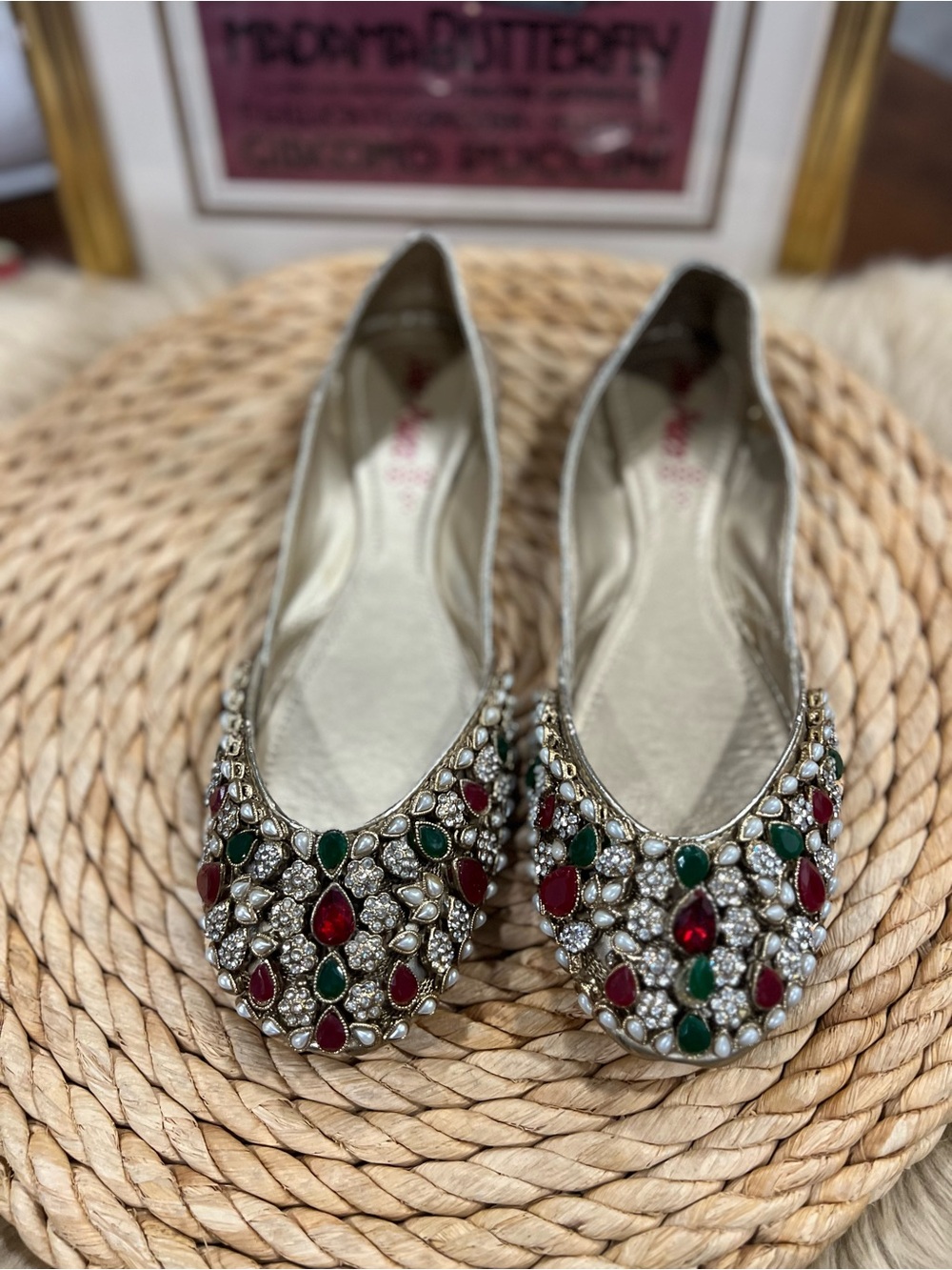 Jeweled Gold Slip-On Flats with Red & Green Gems